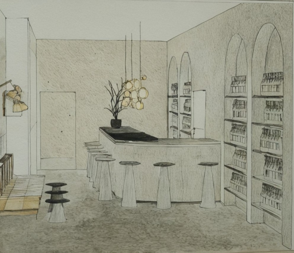 Skizze eines Designentwurfs für eine Tagesbar mit Theke, Sitzbereich und abgestimmter Raum- und Lichtgestaltung, entwickelt passend zur Markenidentität des Unternehmens.
